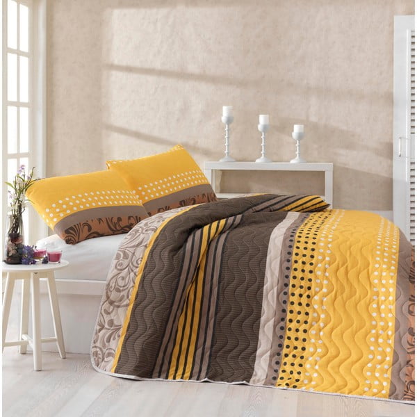 Set plédu na posteľ a 2 obliečok na vankúš s prímesou bavlny Miranda Yellow, 200 × 220 cm