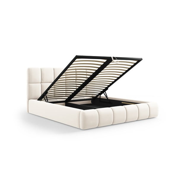 Krémová zamatová čalúnená dvojlôžková posteľ s úložným priestorom s roštom 140x200 cm Bellis – Micadoni-image-2