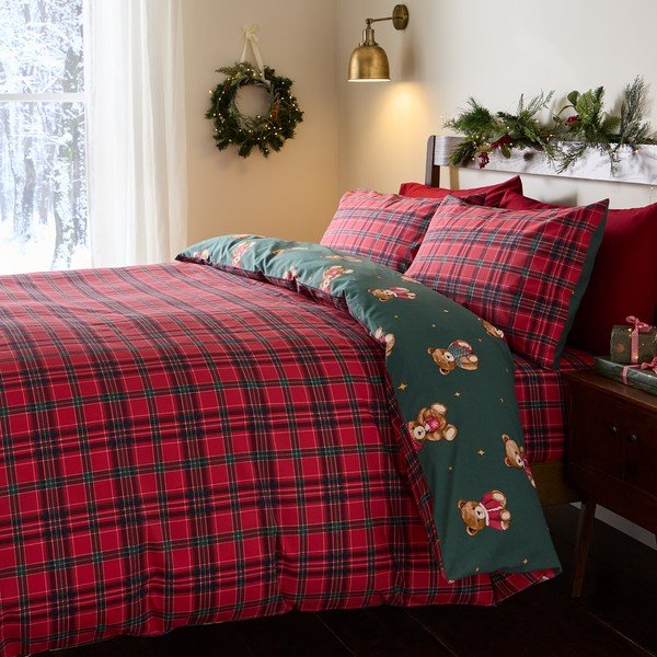 Červené/tmavozelené obliečky na jednolôžko 150x120 cm Christmas Tartan Teddy Bear – Catherine Lansfield-image-1