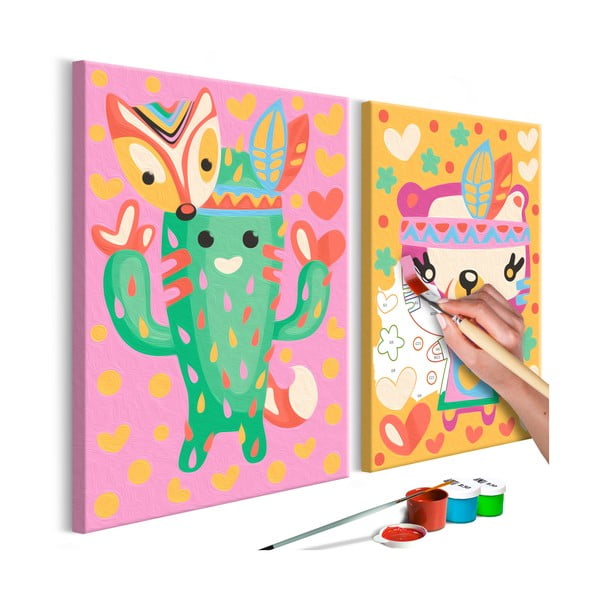 DIY set na tvorbu vlastného dvojdielneho obrazu na plátne Artgeist Cactus & Bear, 33 × 23 cm