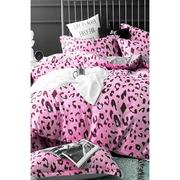 Ružové predĺžené štvordielne bavlnené obliečky na dvojlôžko s plachtou 200x220 cm Leopard – Mila Home