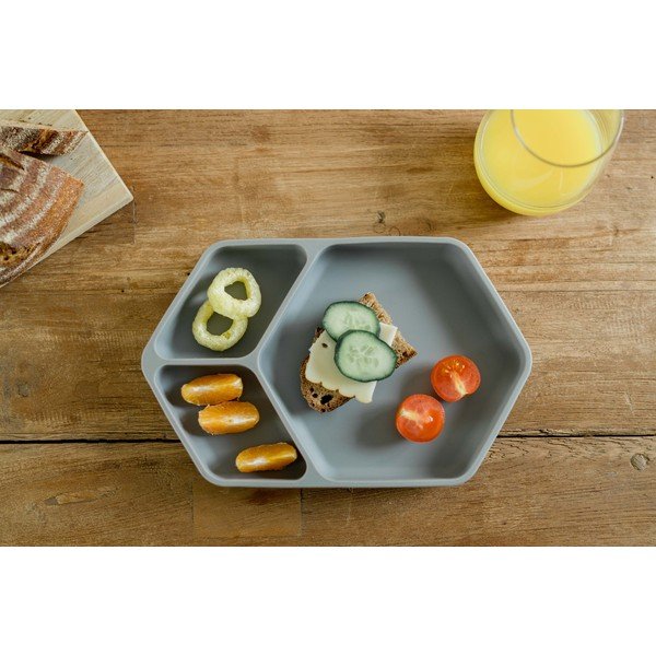 Sivý silikónový detský tanier 16x25 cm – Kindsgut-image-1