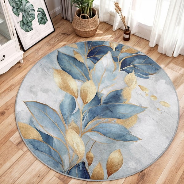 Prateľný okrúhly koberec v modrej a zlatej farbe ø 150 cm Golden Leaves – Mila Home-image-2