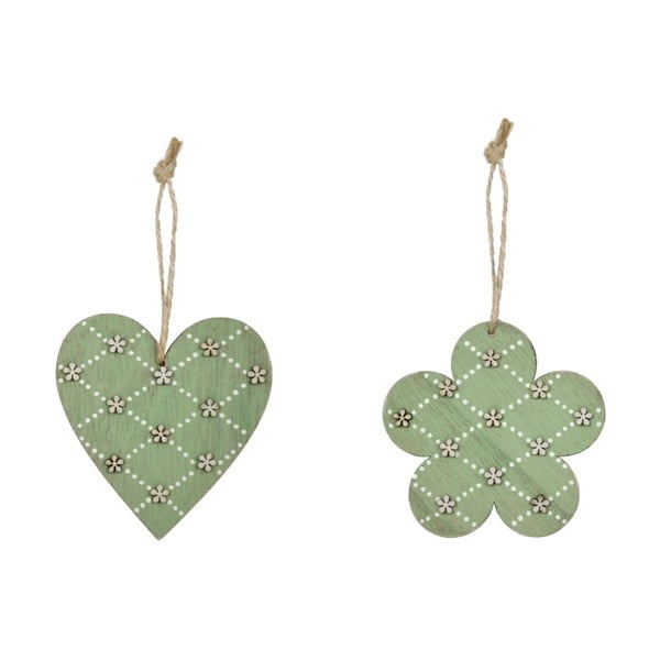 Sada 2 zelených drevených závesných dekorácií s motívom srdca a kvetiny Ego Dekor, 9,5 × 9,5 cm