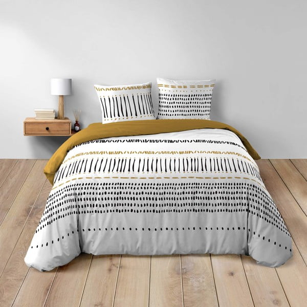 Bavlnené obliečky na dvojlôžko/predĺžené v horčicovej farbe/bielej 240x220 cm Chicago – douceur d'intérieur