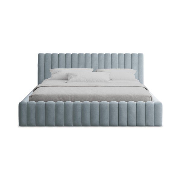 Svetlomodrá čalúnená dvojlôžková posteľ s úložným priestorom s roštom 180x200 cm Lemi – Makamii-image-4