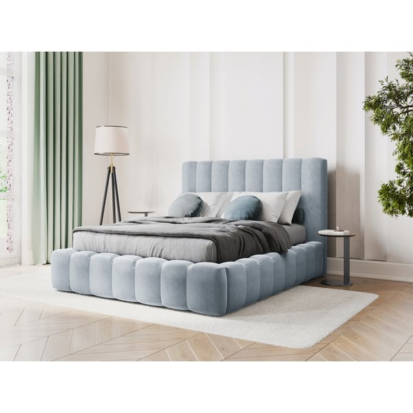 Svetlomodrá čalúnená dvojlôžková posteľ s úložným priestorom s roštom 160x200 cm Kelp - Micadoni Home-image-1