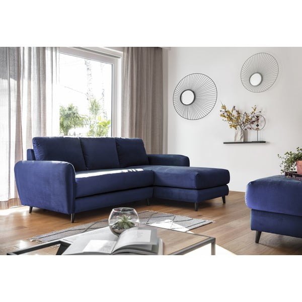 Námornícky modrá zamatová rohová pohovka s podnožkou Miuform Cosy Claire, pravý roh-image-1