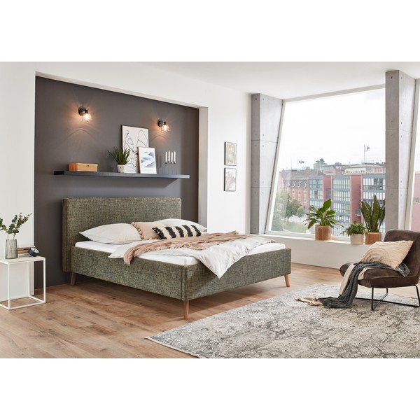 Tmavozelená čalúnená dvojlôžková posteľ s úložným priestorom s roštom 160x200 cm Riva – Meise Möbel-image-1