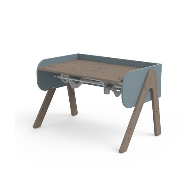 Tmavý hnedo-modrý písací stôl z borovicového dreva s nastaviteľnou výškou Flexa Woody