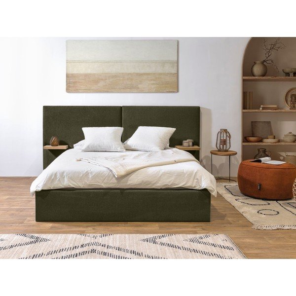 Tmavozelená čalúnená dvojlôžková posteľ s úložným priestorom s roštom 160x200 cm Blandine – Bobochic Paris-image-1
