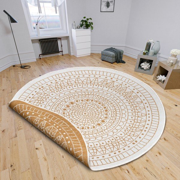 Okrovožlto-biely okrúhly vonkajší koberec ø 140 cm Porto – NORTHRUGS-image-1