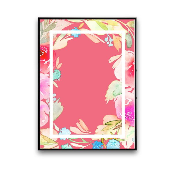 Plagát s kvetmi, ružové pozadie v rámčeku, 30 x 40 cm