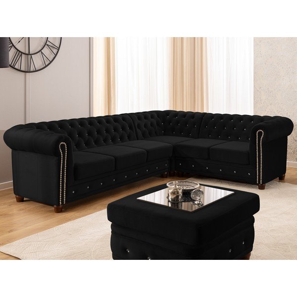 Čierna zamatová rozkladacia rohová pohovka (pravý roh/do L) York Blik – Ropez-image-1