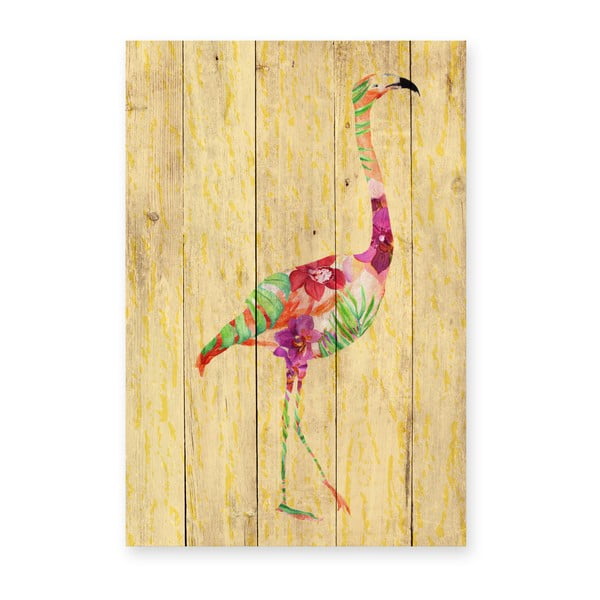 Nástenná dekorácia z borovicového dreva Madre Selva Flowers Flamingo, 60 × 40 cm