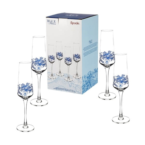 Sada 4 bielo-modrých sklenených pohárov na šampaňské Spode Blue Italian, 230 ml