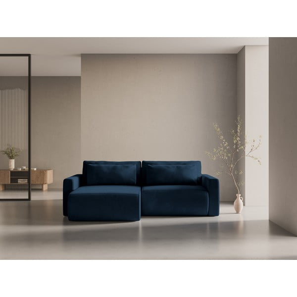 Tmavomodrá zamatová rozkladacia rohová pohovka s úložným priestorom Belfast – Cosmopolitan Design-image-1