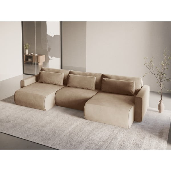 Svetlohnedá zamatová rozkladacia rohová pohovka s úložným priestorom (do "U") Belfast – Cosmopolitan Design-image-1