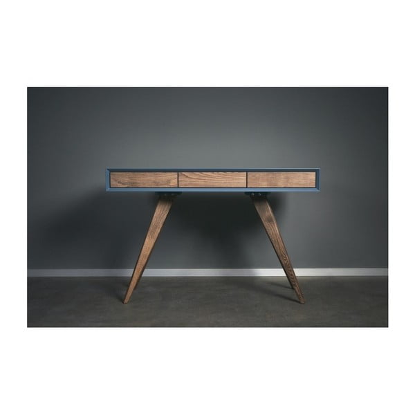 Modrý pracovný stôl z masívneho jaseňového dreva Charlie Pommier Triangle, 130 × 70 cm