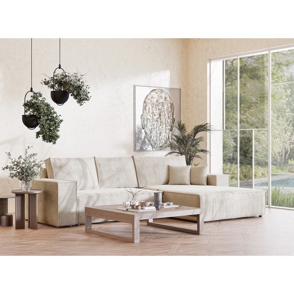 Krémová ženilková rozkladacia/s úložným priestorom rohová pohovka (pravý roh/s leňoškou) Maze – Maison de Rêve-image-1