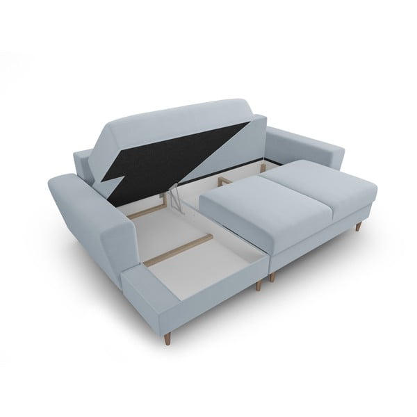 Svetlomodrá zamatová rozkladacia/s úložným priestorom rohová pohovka (ľavý roh/s leňoškou) Kyoto – Cosmopolitan Design-image-3