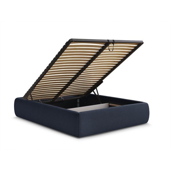 Tmavomodrá čalúnená dvojlôžková posteľ s úložným priestorom/bez čela s roštom 180x200 cm Inera – Bobochic Paris-image-3