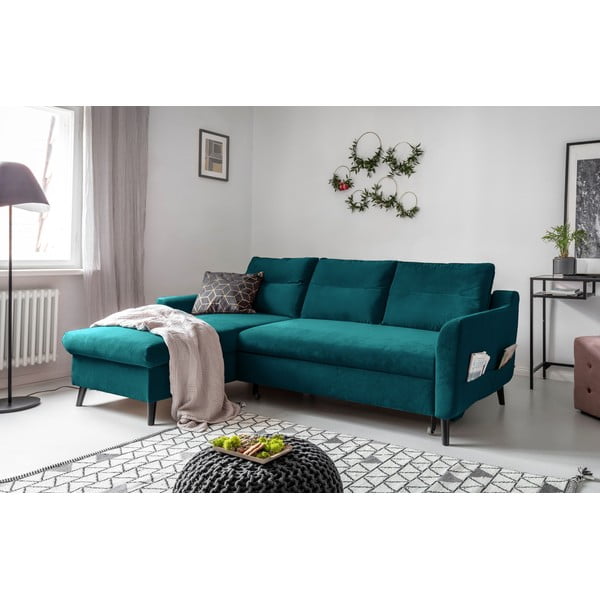 Tyrkysovomodrá zamatová rozkladacia rohová pohovka Miuform Stylish Stan, ľavý roh-image-3