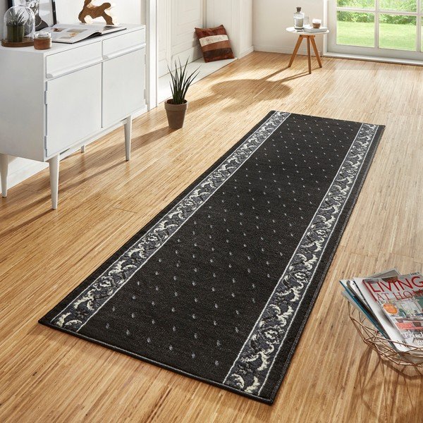 Čierny behúň s bielymi detailmi Hanse Home Ornament, 80 × 350 cm-image-1
