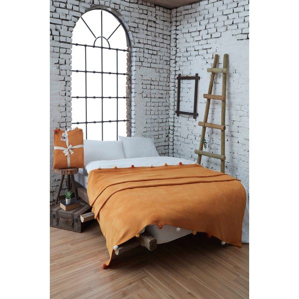 Fleecový pléd v horčicovej farbe 200x220 cm Pom Pom – Mijolnir-image-1