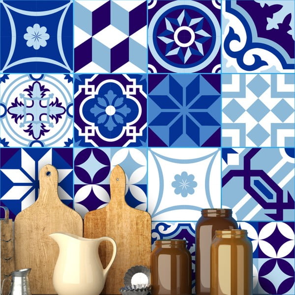 Sada 16 nástenných samolepiek Ambiance Wall Stickers Tiles Azulejos Shade of Blue, 20 × 20 cm
