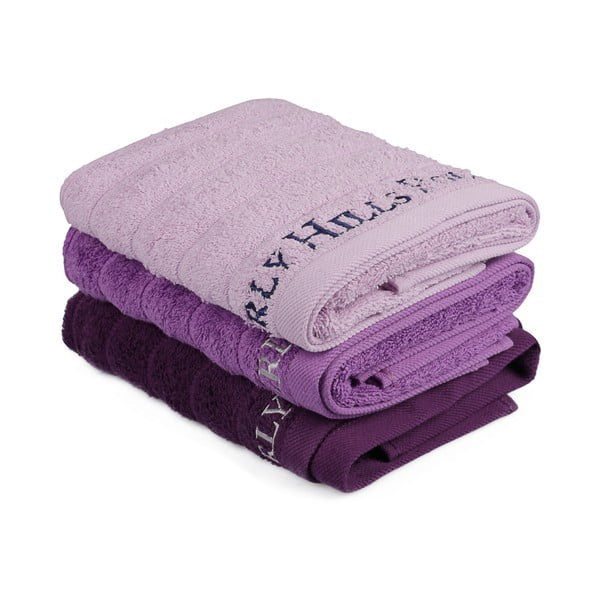 Sada 3 fialových bavlnených uterákov na ruky, 90 x 50 cm
