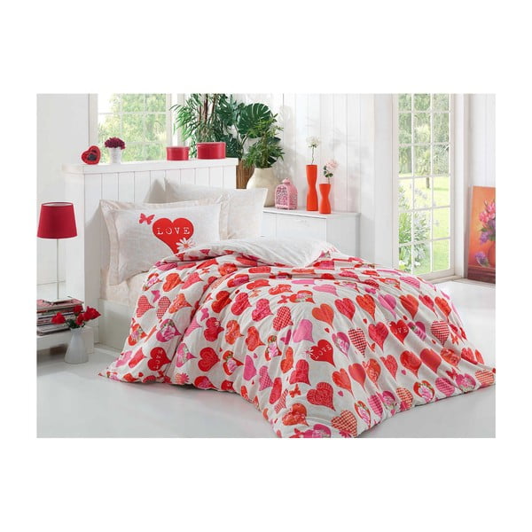 Červené obliečky z bavlneného popelínu s plachtou na jednolôžko Love, 160 × 220 cm