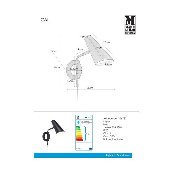Čierne nástenné svietidlo do zásuvky ø 9,5 cm Cal – Markslöjd-image-2