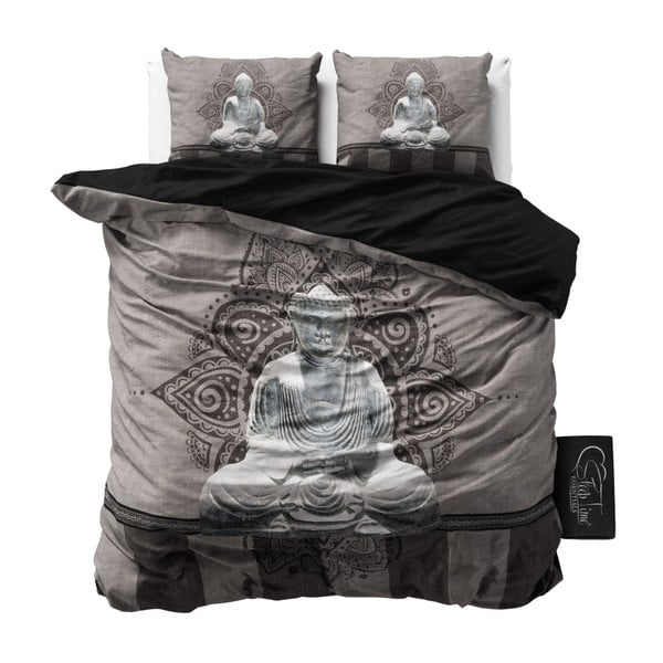 Sivo-hnedé  obliečky z mikroperkálu Sleeptime Buddha Love, 160 x 200 cm
