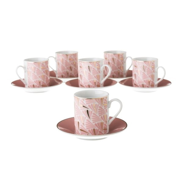 Sada 6 ružových porcelánových hrnčekov s tanierikmi Unimasa Belle, 100 ml