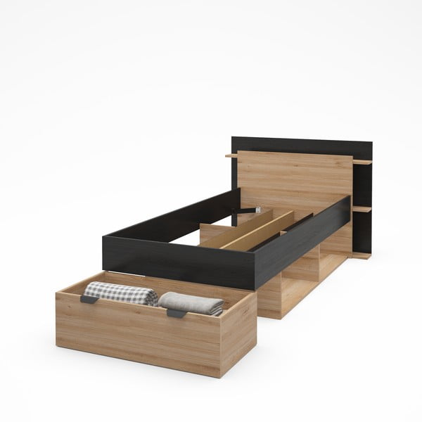 Jednolôžková posteľ v dekore duba s úložným priestorom bez roštu v čierno-prírodnej farbe 90x200 cm Albo – Marckeric-image-4