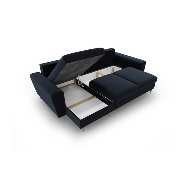 Tmavomodrá zamatová rozkladacia/s úložným priestorom rohová pohovka Kyoto – Cosmopolitan Design-image-3