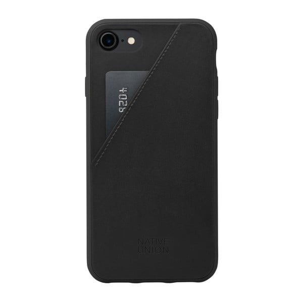 Čierny kožený obal na mobilný telefón s priehradkou na kartu pre iPhone 7 a 8 Native Union Clic Clac