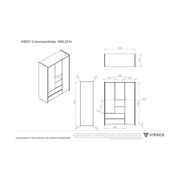 Biela detská šatníková skriňa Vipack Kiddy, 137,8 x 190 cm-image-4