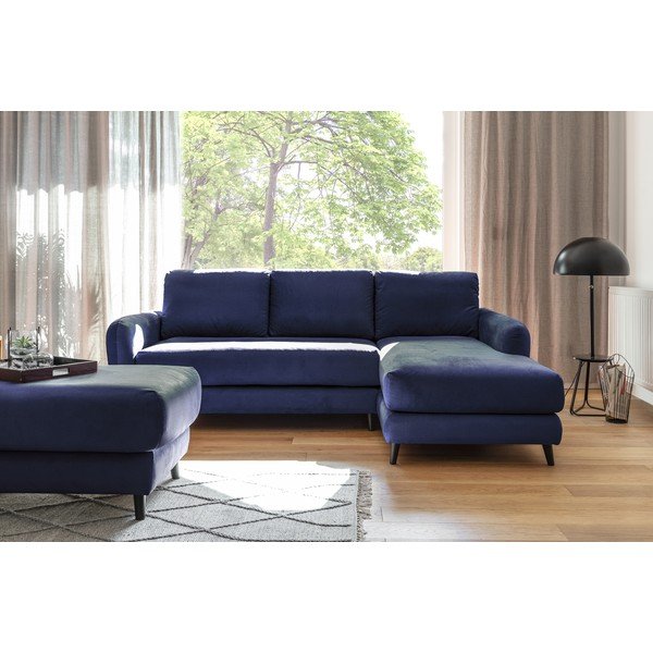Námornícky modrá zamatová rohová pohovka s podnožkou Miuform Cosy Claire, pravý roh-image-2