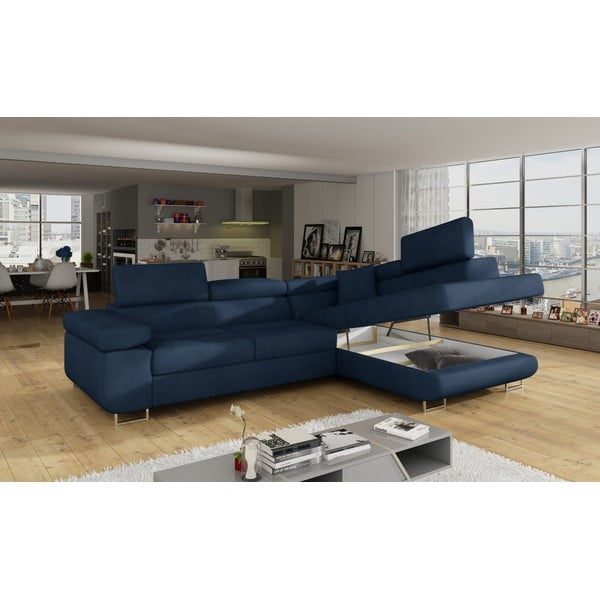 Modrá zamatová rozkladacia/s úložným priestorom rohová pohovka (pravý roh/do L) Anton – ELTAP-image-4