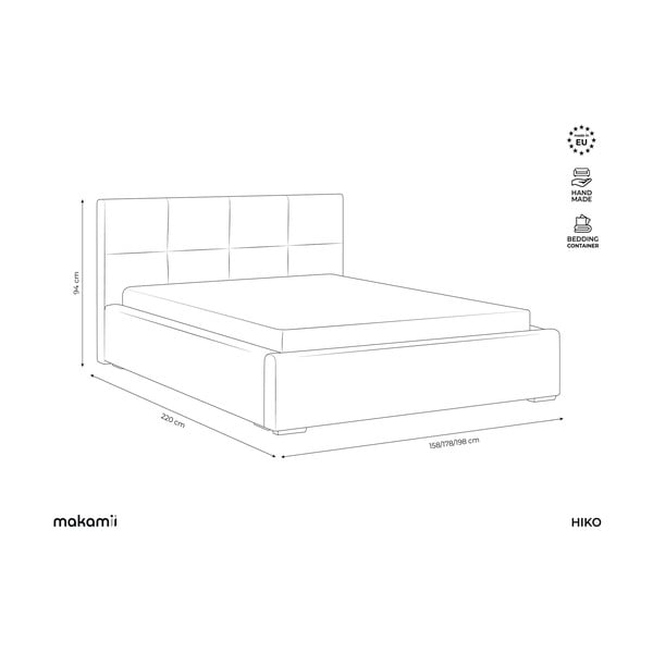 Tmavosivá zamatová čalúnená dvojlôžková posteľ s úložným priestorom s roštom 140x200 cm Hiko – Makamii-image-3