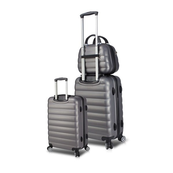 Sada 2 sivých cestovných kufrov na kolieskach s USB porty a príručného kufríka My Valice RESSO Cab Med & MU