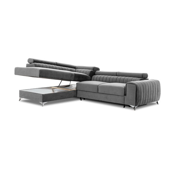 Sivá zamatová rozkladacia/s úložným priestorom rohová pohovka (ľavý roh/do L) Laurence – ELTAP-image-2