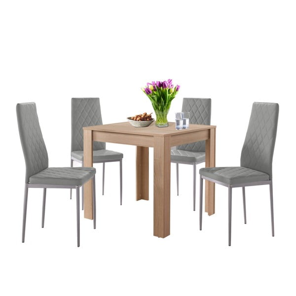 Set jedálenského stola v dubovom dekore a 4 sivých jedálenských stoličiek Støraa Lori and Barak, 80 x 80 cm