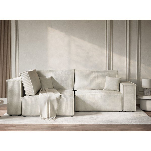 Krémová menčestrová rozkladacia/s úložným priestorom rohová pohovka (ľavý roh/do L) Tonga – Maison de Rêve-image-1