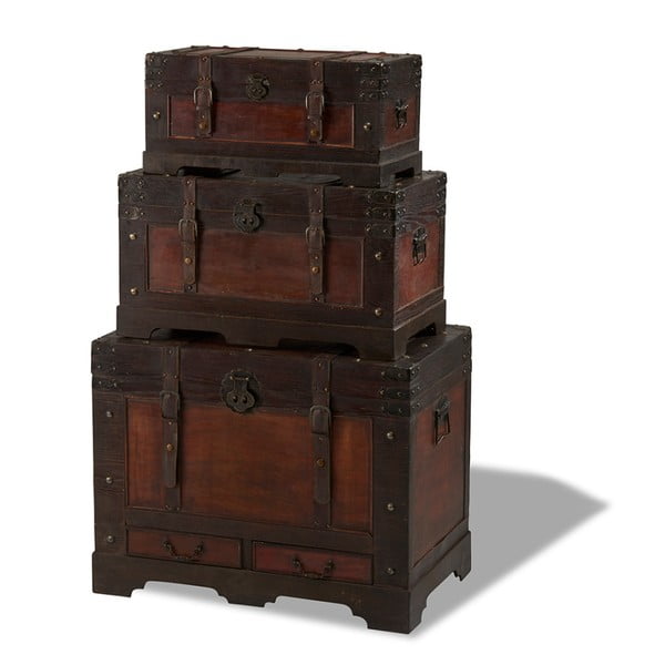Sada 3 drevených dekoratívnych truhlíc Furnhouse Trunks Medieval
