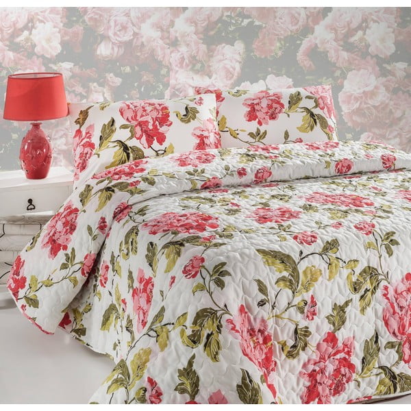 Prikrývka na posteľ a obliečka na vankúš Flower Pink, 160x220 cm