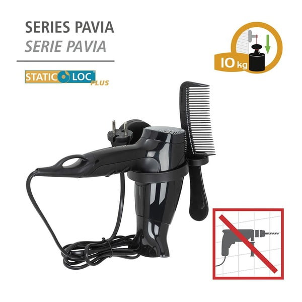Čierny nástenný držiak na fén Wenko Static-Loc® Pavia-image-3