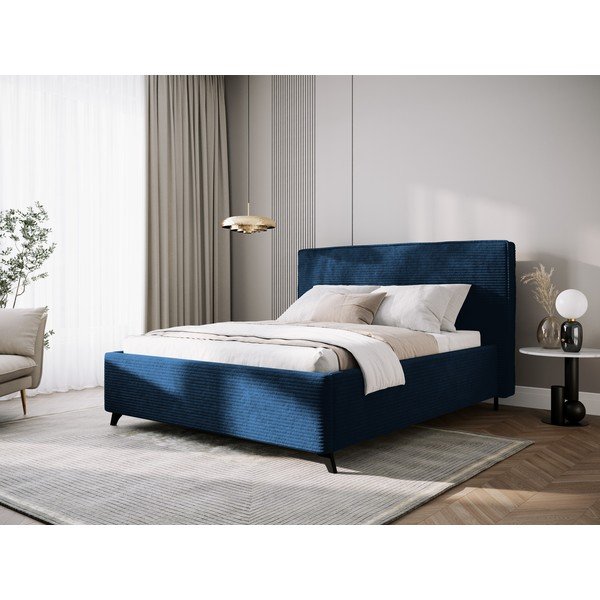 Tmavomodrá čalúnená dvojlôžková posteľ s úložným priestorom a roštom 160x200 cm Malou – Milo Casa-image-1